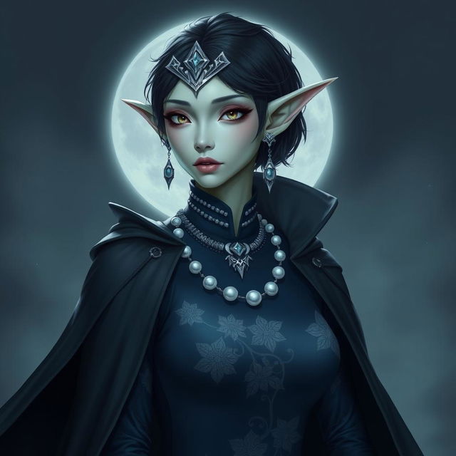 A moon elf woman with cold green skin, white eyes, long, sharp pointing ears, and short dark hair