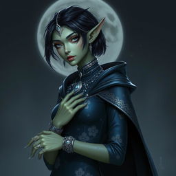 A moon elf woman with cold green skin, white eyes, long, sharp pointing ears, and short dark hair