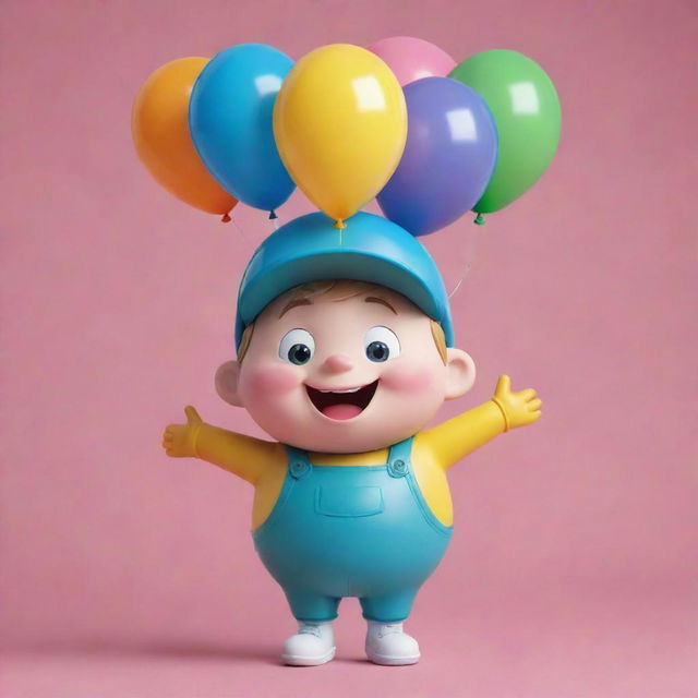 A joyful and sweet drop of oil character with balloons, wearing a cap on a brightly designed postcard.