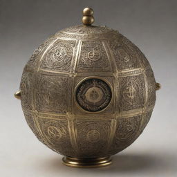 A dazzling liahona, an ornate brass ball with beautifully inscribed compasses. Glowing dials illuminate an intricate ancient script.