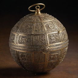 A dazzling liahona, an ornate brass ball with beautifully inscribed compasses. Glowing dials illuminate an intricate ancient script.