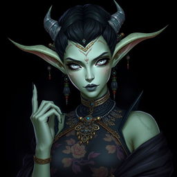 A Githyanki woman with cold green skin and white eyes, long, sharp pointing ears and short dark hair