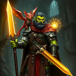 A green-skinned half-orc paladin standing tall and heroic, holding a glowing sunsword