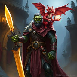 A green-skinned half-orc paladin standing tall and heroic, holding a glowing sunsword