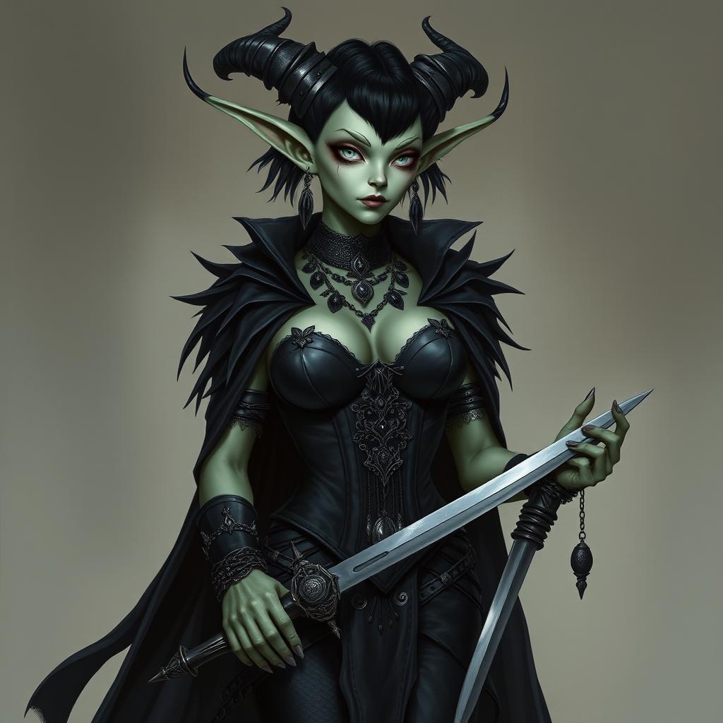 A Githyanki woman with cold green skin and white cold eyes, long, sharp pointing ears and short dark hair