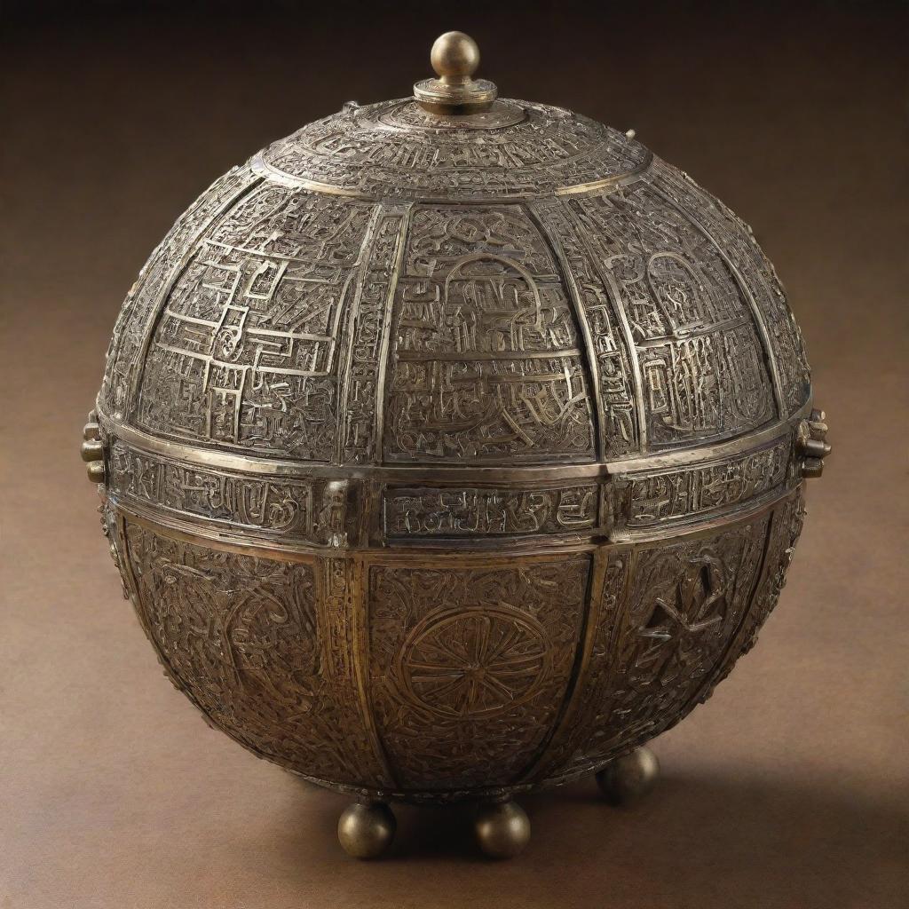 A dazzling liahona, an ornate brass ball with beautifully inscribed compasses. Glowing dials illuminate an intricate ancient script.