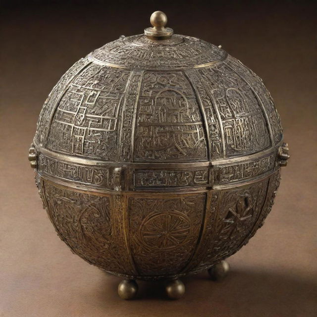 A dazzling liahona, an ornate brass ball with beautifully inscribed compasses. Glowing dials illuminate an intricate ancient script.