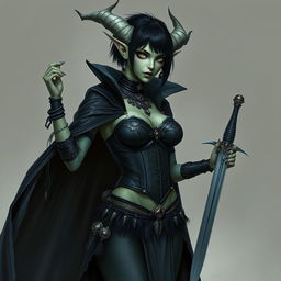 A Githyanki woman with cold green skin and white cold eyes, long, sharp pointing ears and short dark hair