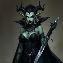 A Githyanki woman with cold green skin and white cold eyes, long, sharp pointing ears and short dark hair