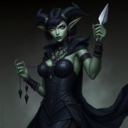 A Githyanki woman with cold green skin and white cold eyes, long, sharp pointing ears and short dark hair