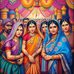 A vibrant and colorful depiction of traditional Indian culture, featuring people in traditional attire, intricate patterns, and cultural elements such as henna designs, traditional jewelry, and festive decorations