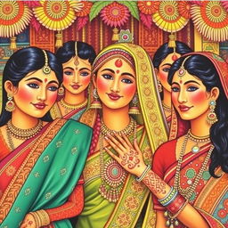 A vibrant and colorful depiction of traditional Indian culture, featuring people in traditional attire, intricate patterns, and cultural elements such as henna designs, traditional jewelry, and festive decorations