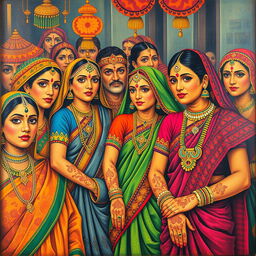 A vibrant and colorful depiction of traditional Indian culture, featuring people in traditional attire, intricate patterns, and cultural elements such as henna designs, traditional jewelry, and festive decorations