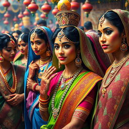 A vibrant and colorful depiction of traditional Indian culture, featuring people in traditional attire, intricate patterns, and cultural elements such as henna designs, traditional jewelry, and festive decorations