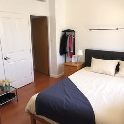 A well-organized bedroom featuring two beds, a nightstand, and a shoe rack