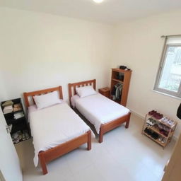 A well-organized bedroom featuring two beds, a nightstand, and a shoe rack