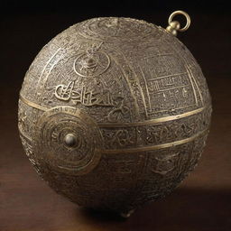 A dazzling liahona, an ornate brass ball with beautifully inscribed compasses. Glowing dials illuminate an intricate ancient script.