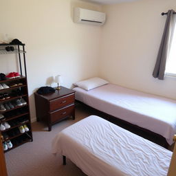 A well-organized bedroom featuring two beds, a nightstand, and a shoe rack