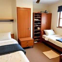 A well-organized bedroom featuring two beds, a nightstand, and a shoe rack