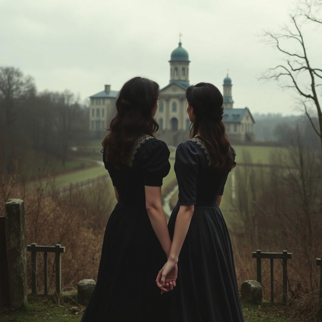 A historical gothic romance scene set in 1902, featuring two women with dark hair and wearing dark dresses