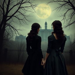 A historical gothic romance scene set in 1902, featuring two women with dark hair and wearing dark dresses