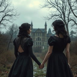 A historical gothic romance scene set in 1902, featuring two women with dark hair and wearing dark dresses