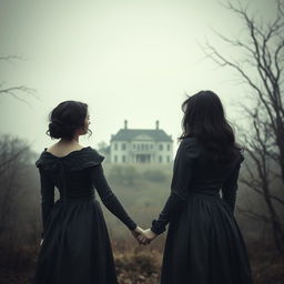 A historical gothic romance scene set in 1902, featuring two women with dark messy hair and wearing dark gray dresses