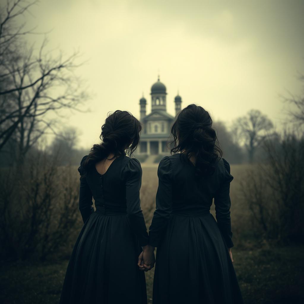 A historical gothic romance scene set in 1902, featuring two women with dark messy hair and wearing dark gray dresses