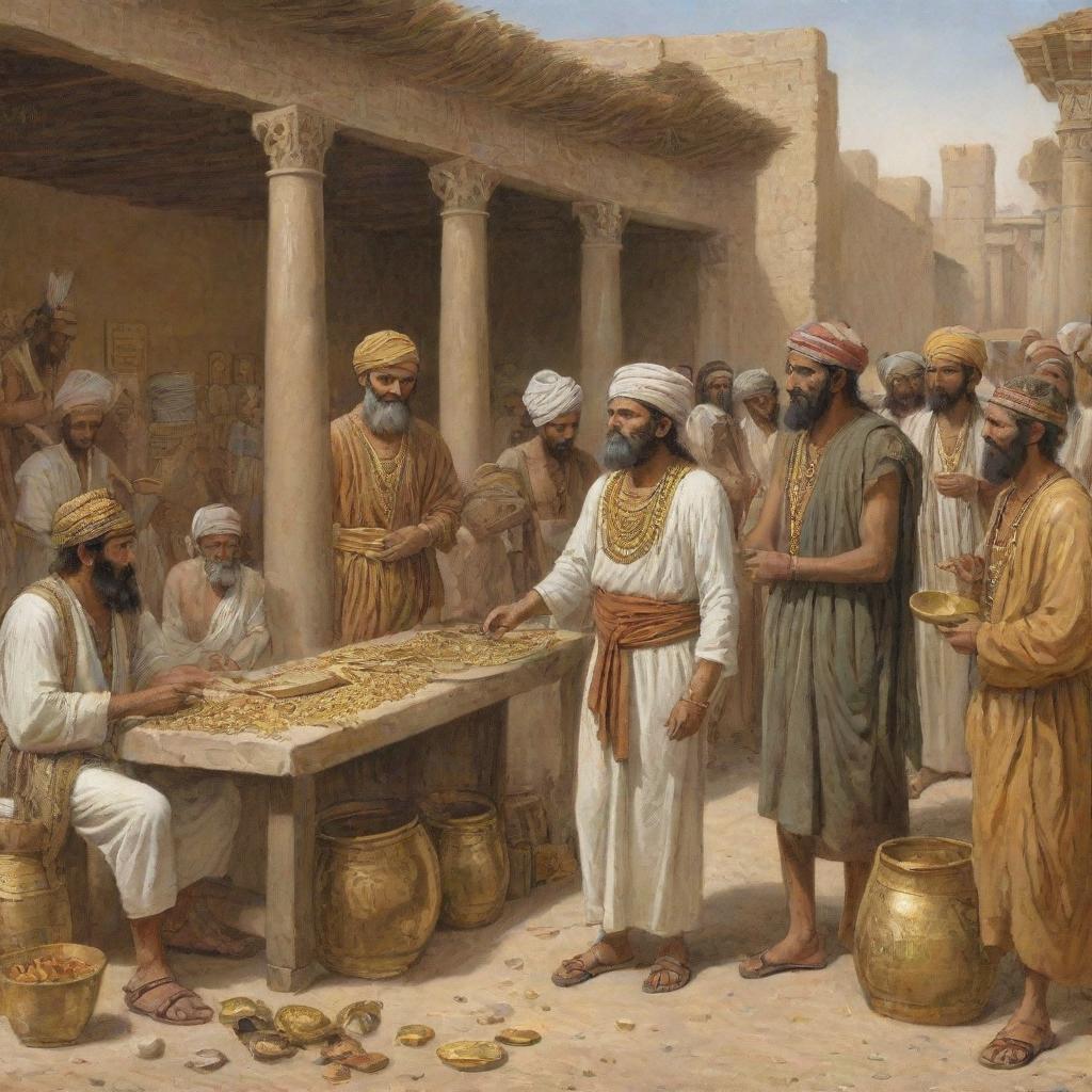 Illustration of ancient Sumerian people trading gold during the 19th century - featuring Sumerian attire, marketplace and gold artifacts