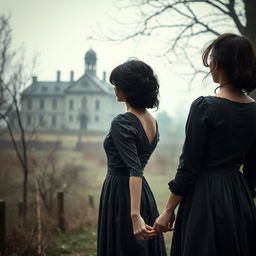 A historical gothic romance scene set in 1902, featuring two women with dark messy hair and wearing dark gray dresses