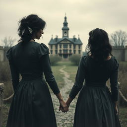 A historical gothic romance scene set in 1902, featuring two women with dark messy hair and wearing dark gray dresses