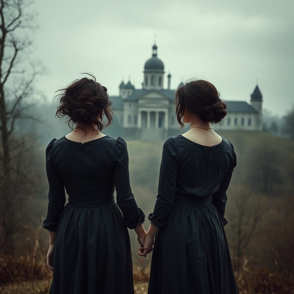 A historical gothic romance scene set in 1902, featuring two women with dark messy hair and wearing dark gray dresses