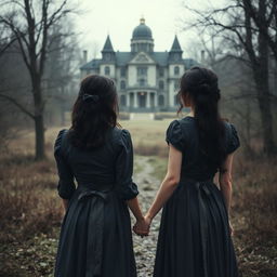 A historical gothic romance scene set in 1902, featuring two women with dark messy hair and wearing dark gray dresses