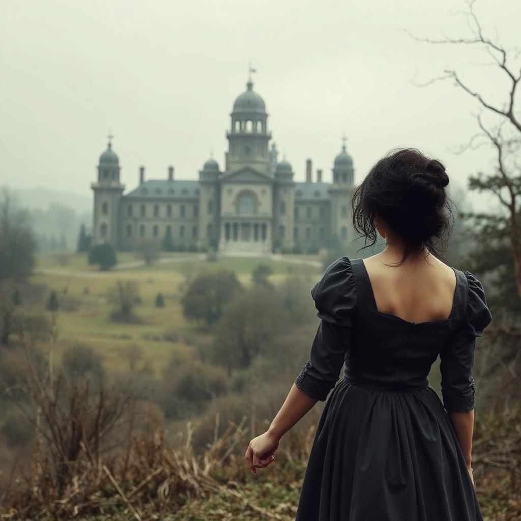 A historical gothic romance scene set in 1902, featuring two women with dark messy hair and wearing dark gray dresses