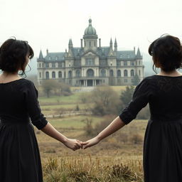 A historical gothic romance scene set in 1902, featuring two women with dark messy hair and wearing dark gray dresses