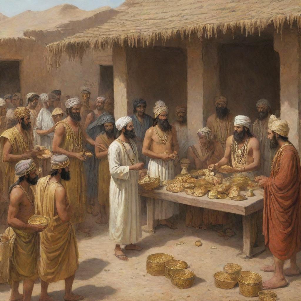Illustration of ancient Sumerian people trading gold during the 19th century - featuring Sumerian attire, marketplace and gold artifacts