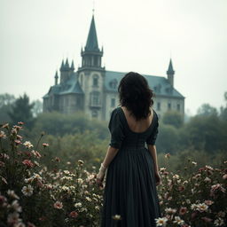 A historical gothic romance scene set in 1902, featuring two women with dark messy hair and wearing dark gray dresses