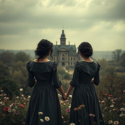 A historical gothic romance scene set in 1902, featuring two women with dark messy hair and wearing dark gray dresses