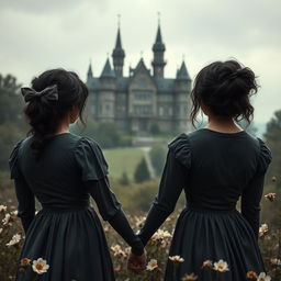 A historical gothic romance scene set in 1902, featuring two women with dark messy hair and wearing dark gray dresses