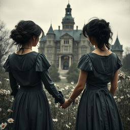 A historical gothic romance scene set in 1902, featuring two women with dark messy hair and wearing dark gray dresses