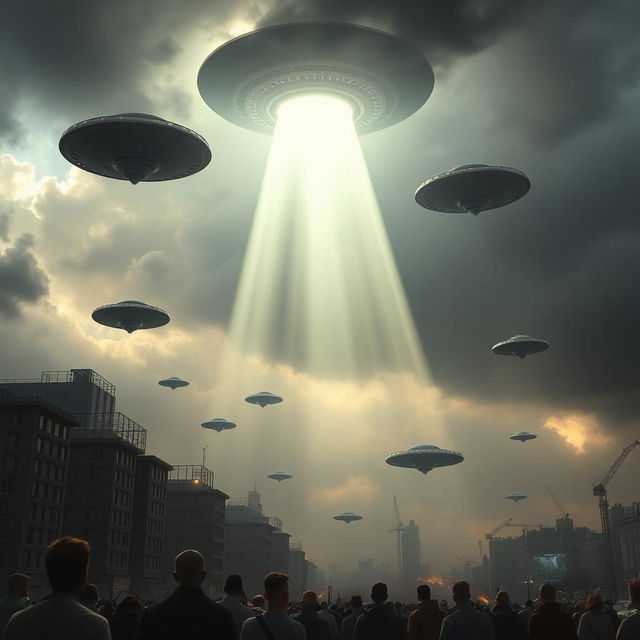 A dramatic scene of an alien invasion with UFOs hovering over a city, beams of light descending, and people looking up in awe and fear