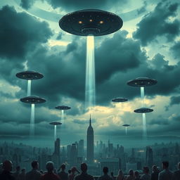 A dramatic scene of an alien invasion with UFOs hovering over a city, beams of light descending, and people looking up in awe and fear