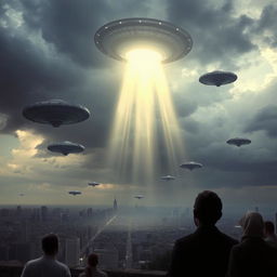 A dramatic scene of an alien invasion with UFOs hovering over a city, beams of light descending, and people looking up in awe and fear