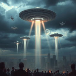 A dramatic scene of an alien invasion with UFOs hovering over a city, beams of light descending, and people looking up in awe and fear