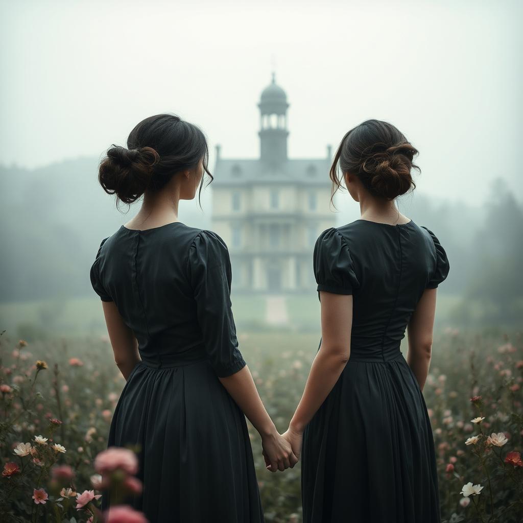 A historical gothic romance scene set in 1902, featuring two women with dark messy hair pinned up and wearing dark gray dresses