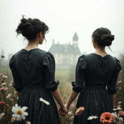 A historical gothic romance scene set in 1902, featuring two women with dark messy hair pinned up and wearing dark gray dresses