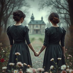 A historical gothic romance scene set in 1902, featuring two women with dark messy hair pinned up and wearing dark gray dresses