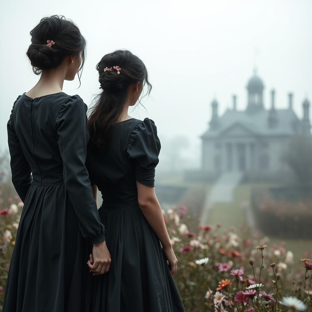 A historical gothic romance scene set in 1902, featuring two women with dark messy hair pinned up and wearing dark gray dresses