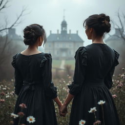 A historical gothic romance scene set in 1902, featuring two women with dark messy hair pinned up and wearing dark gray dresses