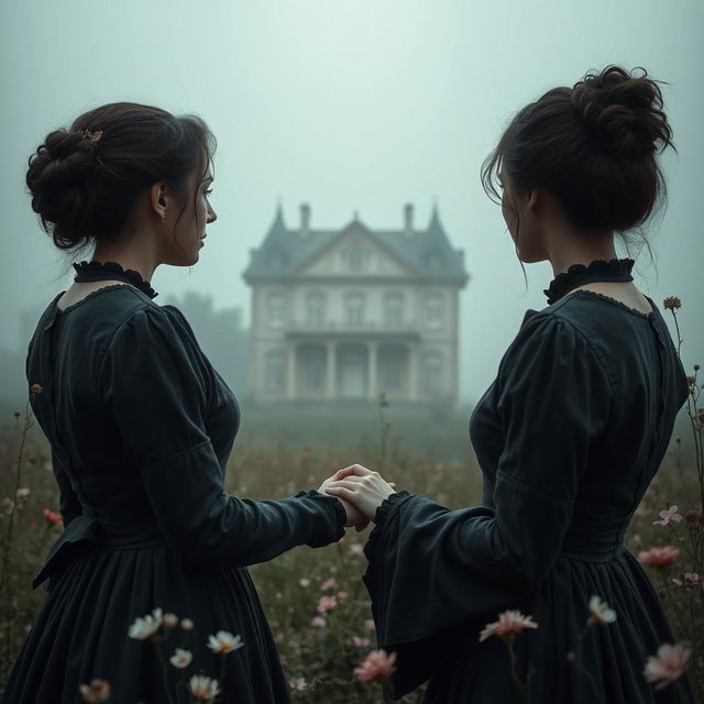 A historical gothic romance scene set in 1902, featuring two women with dark messy hair pinned up and wearing dark gray dresses